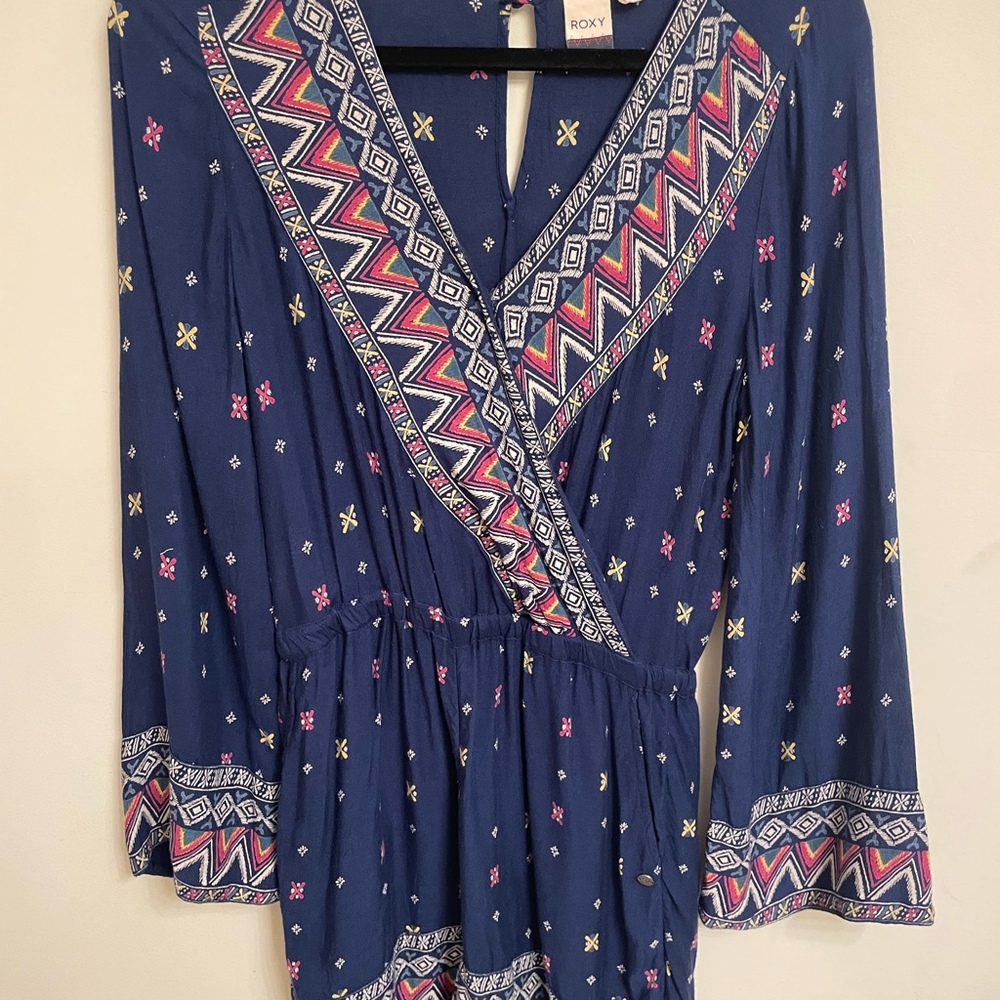 Roxy Women’s Boho Navy Blue Argyle Diamond Patterned Long Sleeve Romper Small